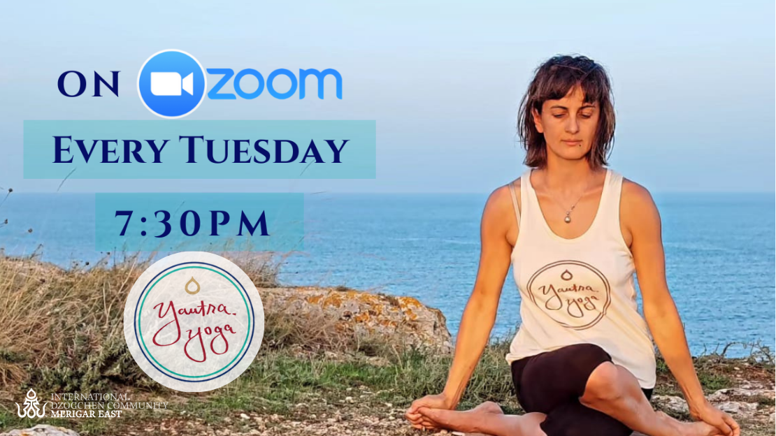 on zoom every thursday 7:30 pm Woman sitting with crossed legs by the sea